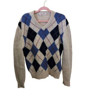 Goldwaters Vintage Pure Virgin Wool 80s Argyle V Neck Sweater Size XL